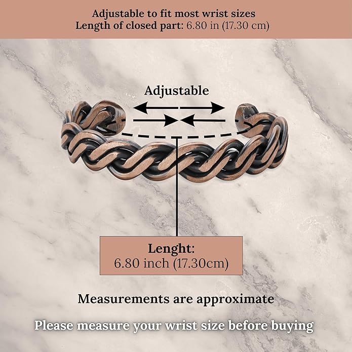 Handmade Elegant Copper Bracelet for Women and Men-Pure Copper Bracelet for Pain Relief and Stress Relief-Adjustable, Thickest, Twisted Copper Wire Bracelet to Fit many Size Wrist(folded)