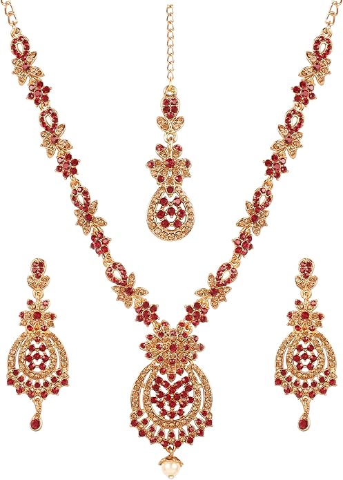 Touchstone Indian jewelry sets for women maang tikka wedding guest gold necklace bollywood jewellery set pageant elegant prom bride accessories western crystal chunky rhinestone necklaces