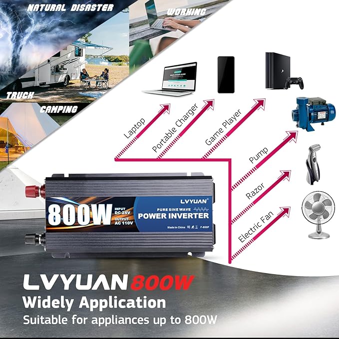 LVYUAN 800 Watt Pure Sine Wave Power Inverter 24V to 110V/120V DC to AC Converter with Dual Sockets, Dual USB Ports, LED Display for Home Outdoor RV Car Power Inverter Power Adapter