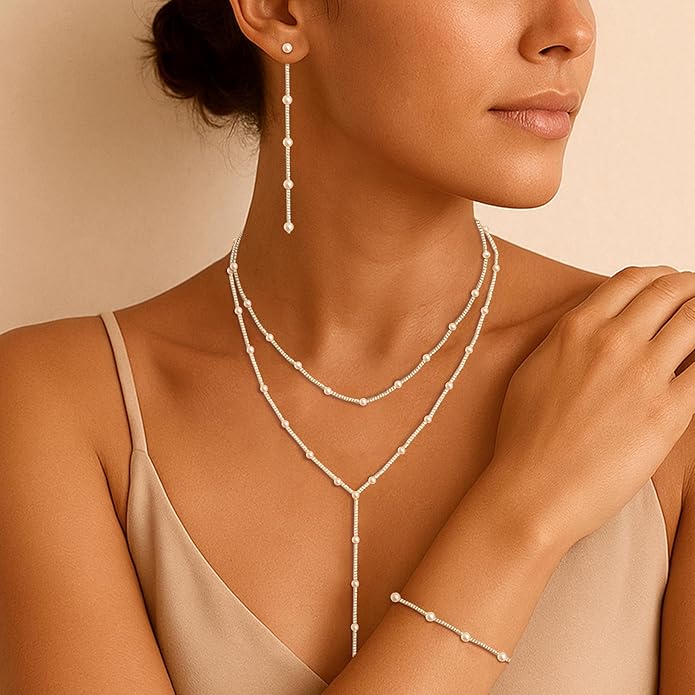 Zeffy Gold Pearl Necklace for Women, Dainty 14K Gold/Silve Plated Layered Pearl Choker Pearl Earrings Pearl Bracelets Wedding Trendy Gold Jewelry Set for Women Gifts