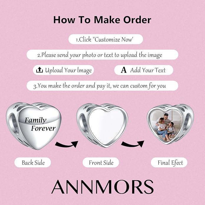 Annmors Personalized Photo Charms For Bracelets/Necklace 925 Sterling Silver Love Heart Shaped Engraved Customize Picture Gift for Birthday Mother's Day,Bead Charms Jewelry for Women