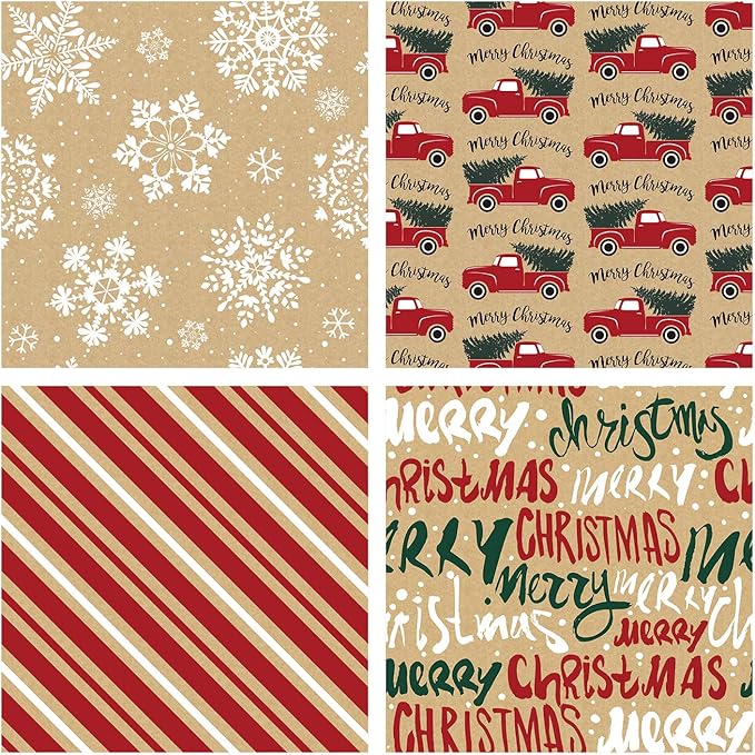 RUSPEPA Wrapping Paper, Kraft Paper - Snowflakes, Car and Christmas Tree, Stripes and Merry Christmas - 4 Rolls - 30 inches x 10 feet per Roll