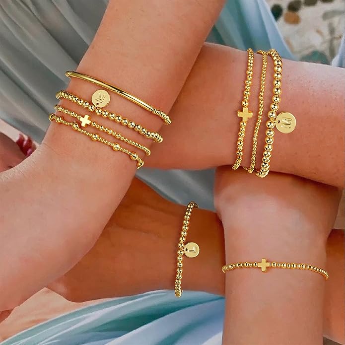 Turandoss Gold Cross Bead Bracelets Sets for Women Girls Valentines Day Gifts - Dainty Layered Cross Bracelets Beaded Initial Bracelet Stack Gold Letter A-Z Bracelet Valentines Day Gifts for Her