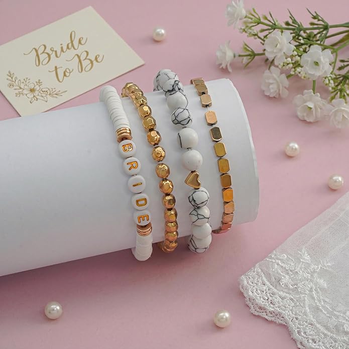 Bride Beaded Bracelet, Weeding Clay Bracelets for Women Stackable Gold Plated, Stretch Bracelets Elastic Layering Friendship Set Boho Jewelry, Gift for Family, Friends