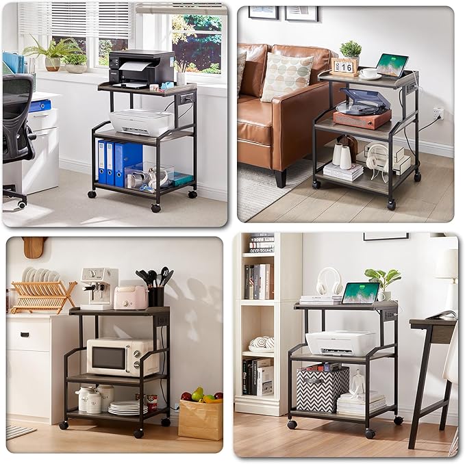 Lauren&Harold 34'' Printer Stand with Power Outlets & USB Ports, 3-Tier Adjustable Rolling Cart, Heavy Duty 150LBS Storage Table with Wheels for Office, Kitchen, Living Room, Grey/Black