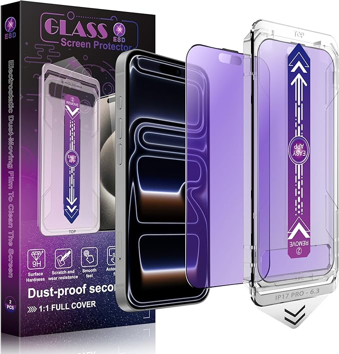 Anti Blue Light Matte Screen Protector for iPhone 17 Pro 6.3-Inch, Auto Dust Removal, 9H Tempered Glass, Full Cover, Anti-Fingerprint, Easy Installation, 2 Pack