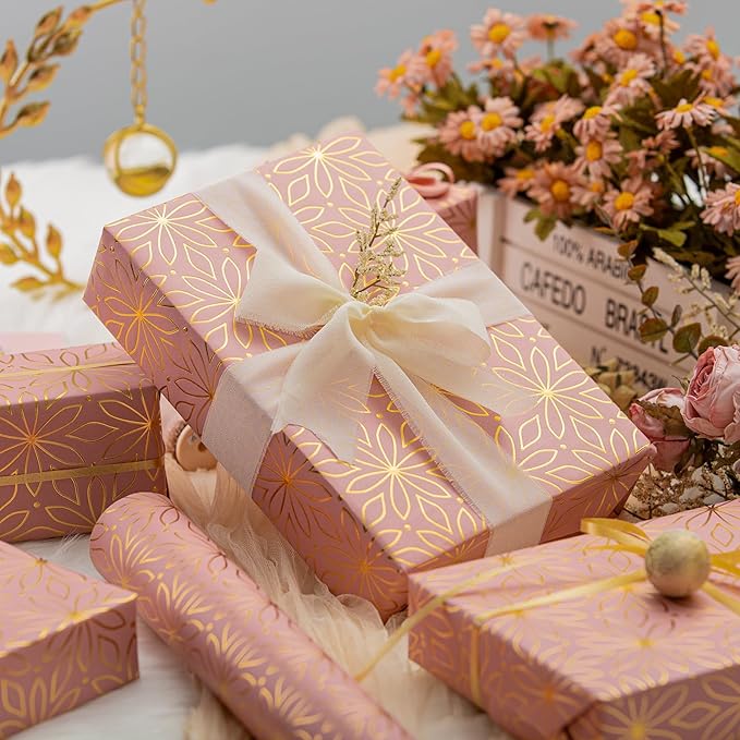 Garbendy Pink Wrapping Paper Roll - 17 Inch X 32.8 Feet - Pink Metallic Gold Foil Flower Gift Wrapping Paper for Christmas, Birthday, Baby Shower, Bridal Shower, Party