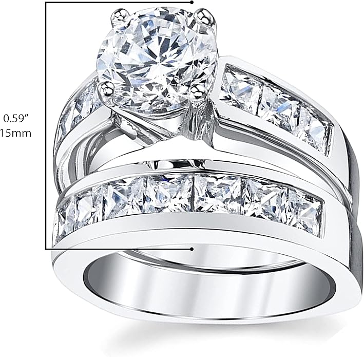 2 Carats Sterling Silver Bridal Set Cubic Zirconia Engagement Wedding Ring Bands with Round and Princess Cut