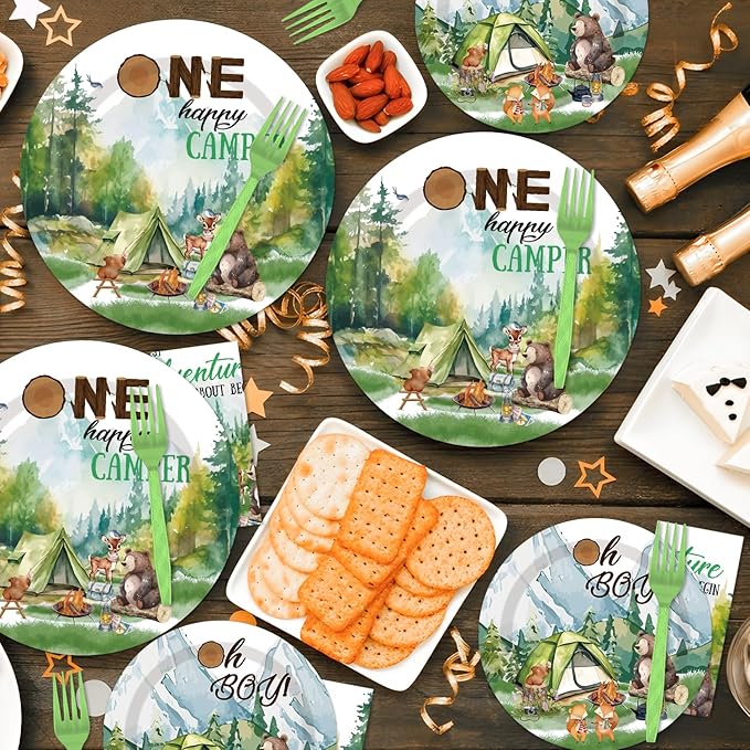 One Happy Camper Birthday Decorations - 96PCS One Happy Camper Plates and Napkins Party Supplies 1st Birthday Decorations Boy Adventure Camping Disposable Tableware Set Serve 24 Guests