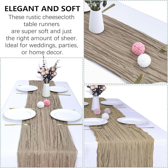 6 Pack Nude Brown Cheesecloth Table Runner 10FT Boho Gauze Fabric Table Runner 35 x 120 Inch Rustic for Fall Thanksgiving Wedding Decor Baby Shower Party Boho Holiday Decoration