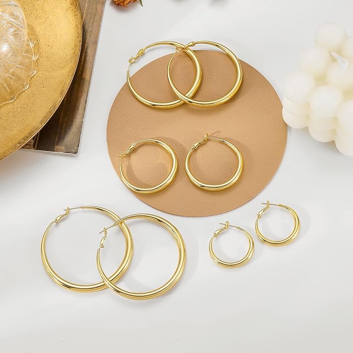 EXGOX Sterling Silver Hoop Earrings - Hypoallergenic, Lightweight, Chunky, 14K Real Gold Plated, Big Large Hoops for Women