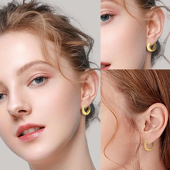 Wgoud 6 Pairs Gold Hoop Earrings Set for Women, 14K Gold Plated Hypoallergenic Lightweight Chunky Open Huggie Hoops Earrings Jewelry for Gifts.