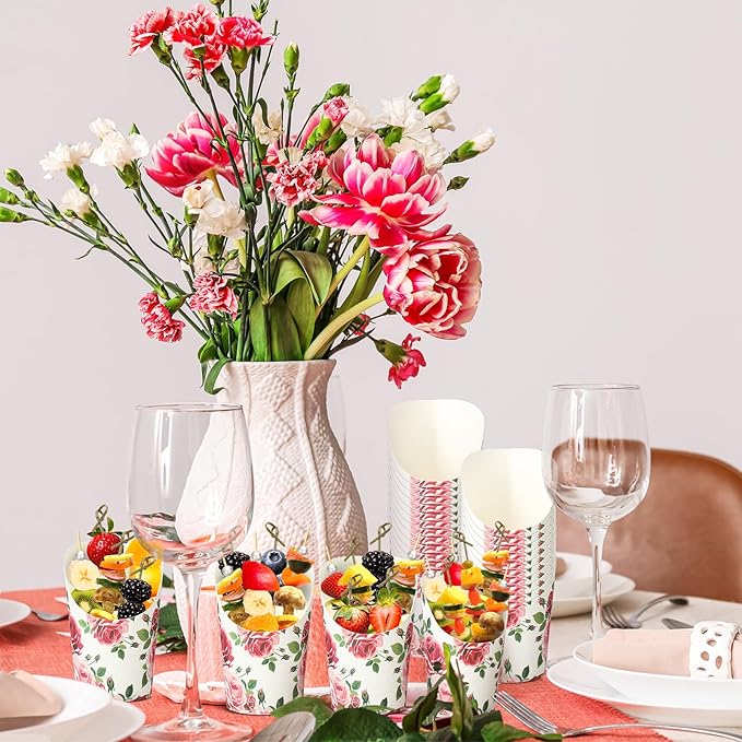 Tioncy 250 Pcs Charcuterie Cups with Cocktail Picks Sets, Bridal Shower Decoration 50 Charcuterie Cups with 200 Sticks for Wedding Baby Shower Floral Boho Witch Party Decorations(Rosy,Blossoms)