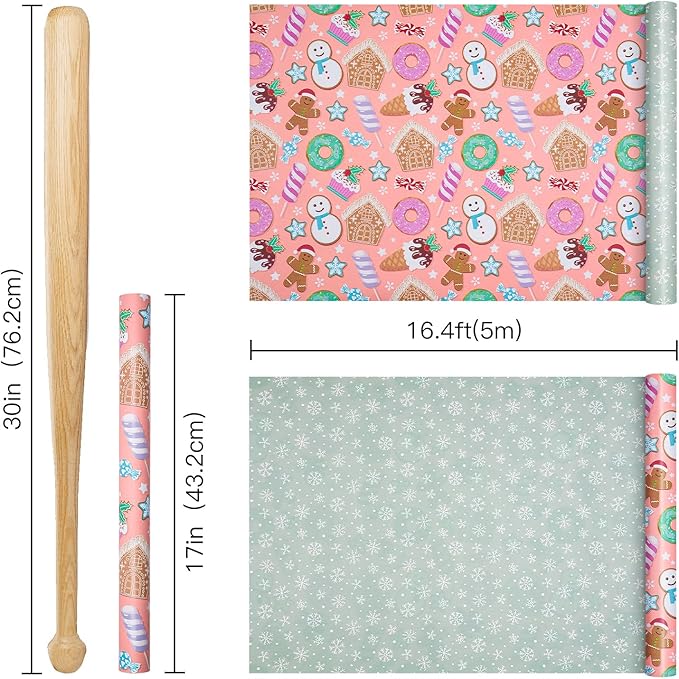 RUSPEPA Christmas Reversible Wrapping Paper Roll for Kids, Mini Roll, Gingerbread, Donut, Candy Cane Design and Light Green Snowflake, Ideal for Holiday Gifts and Christmas, 17 Inches x 16.4 Feet