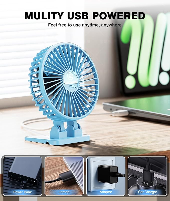 JZCreater USB Desk Fan, Portable Fan Mini, 3 Speeds Desktop Table Cooling, Plug in Power, Rotation Strong Wind, Quiet Personal Small Fan for Home Desktop Office Travel Bedroom, Sky Blue