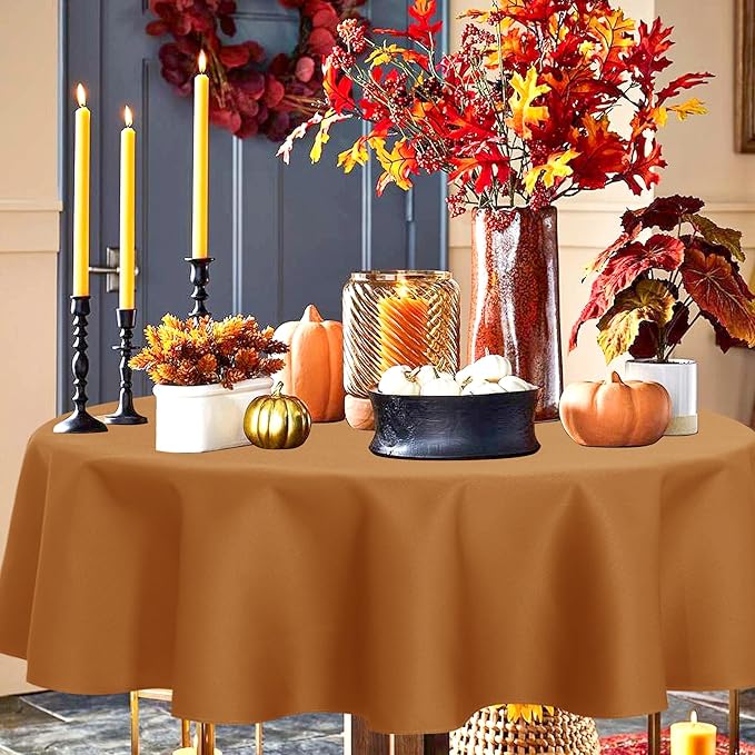 sancua Round Tablecloth 70 Inch(Fits 20-58 Inch Tables) Light Brown- Water Resistant Spill Proof Washable Polyester Fall Table Cloth Decorative Fabric Cover for Dining Thanksgiving Parties, Bronze