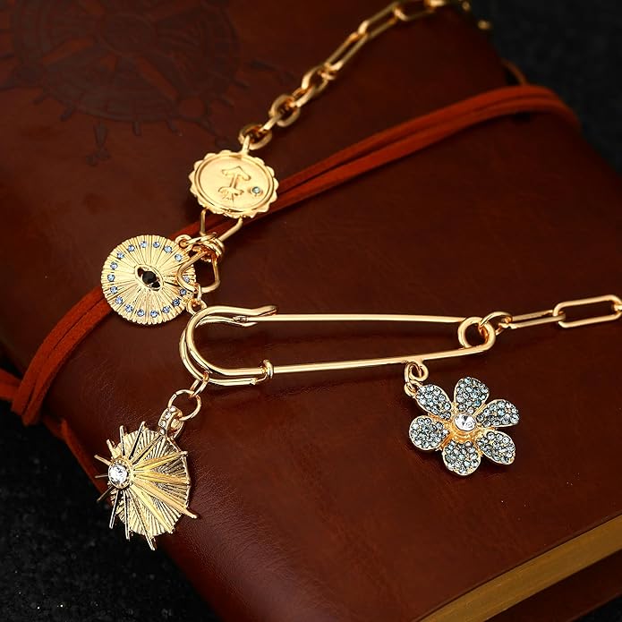 MISS RIGHT Dainty Gold Evil Eye Hamsa Hand Coin Lucky Charm Pendant Necklace for Women Trendy Vintage Paperclip Chain Sun Moon Clover Flower Chunky Charm Necklace Jewelry Gifts