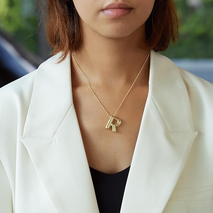 Inerney Valentines Day Gifts Gold Bubble Letter Necklace Initial Necklaces for Women, Chunky 14K Plated Balloon Initials, Trendy Charm Non Tarnish Custom Name Pendant Jewelry Gifts for Mom