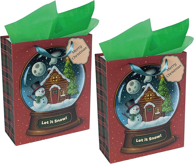 RACHELLE'S Snow Globe Christmas Gift Bags – Medium 13"x10"x4" (2-Pack) – Sturdy Paper Gift Bags with Tissue Paper, Tag and Handle – Let It Snow – Perfect for Christmas Holiday Gifting & Party Favors