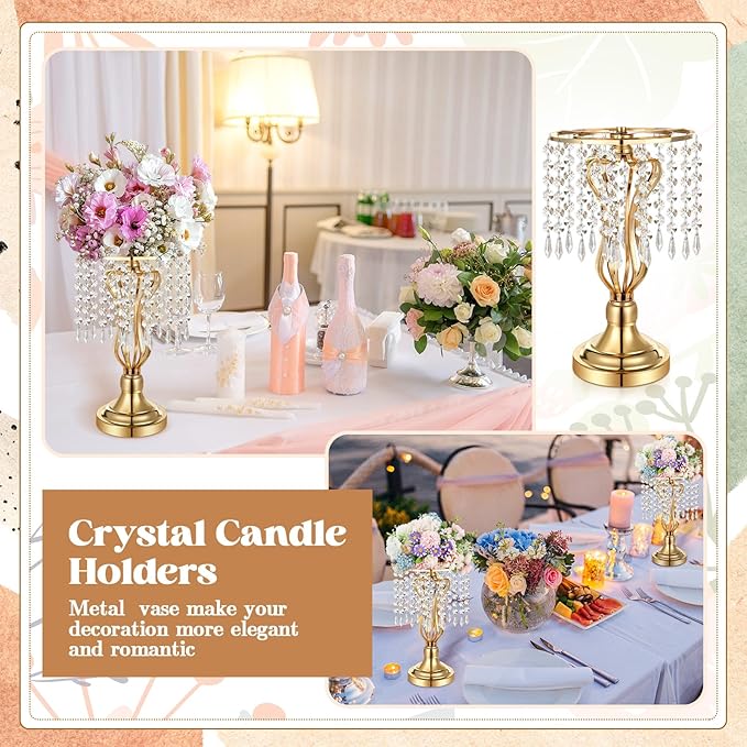 16 Pcs Wedding Centerpieces for Tables, Gold Silver Vase Centerpiece with Chandelier Crystal Metal Flower Stand, Tall Flower Vases for Wedding Party Home Decoration(Gold,12.6)