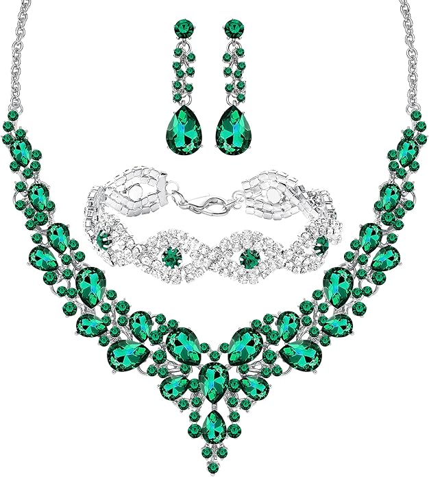 3/4 Pieces Women Jewelry Set Artificial Rhinestone Crystal Bride Statement Choker Necklace Tiara Crown Link Bangle Bracelet Teardrop Dangle Earrings Set