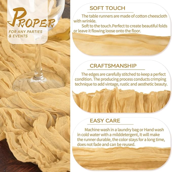 10 Packs Cheesecloth Table Runner Gold, 10Ft x 35" Sand Gauze Boho Wedding Table Runner Decoration, Wedding Table Decor Table Cloth for Wedding Party Bridal Shower Table