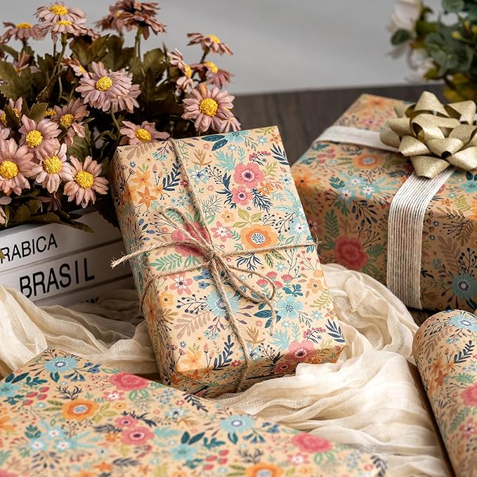 MAYPLUSS Colorful Floral Kraft Wrapping Paper Roll - 17Inch x 33Feet - Garden Boho Floral Gift Wrap Paper Spring Summer Blooms Sheet for Wedding, Bridal Shower, Birthday and Engagement