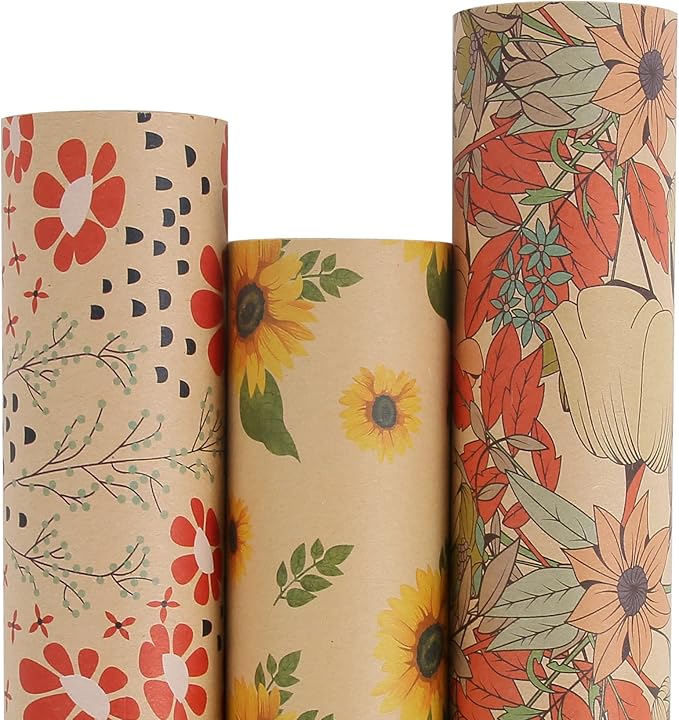 Aimyoo Kraft Floral Wrapping Paper Bundle, Vintage Spring Flowers Rose Gift Wrap Paper for Wedding Bridal Shower Birthday, 3 Rolls 17 in x 10 ft per Roll