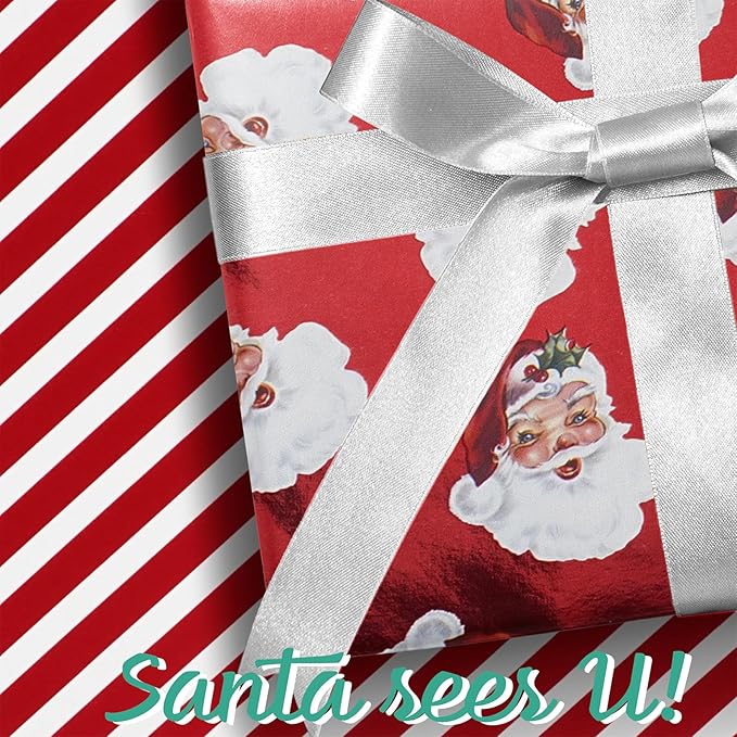 LaRibbons Vintage Santa Christmas Wrapping Paper Roll – Double-Sided Foil Gift Wrap with Candy Cane Stripes, Holiday Wrapping Paper for Xmas Presents & Decorations, 17 Inch × 33 Feet