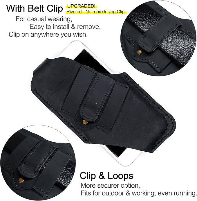 TobbinGear Leather Cell Phone Holster with Belt Clip, Universal Phone Holster for Men Belt Holder, Leather Case for iPhone, Samsung Galaxy Phones, Right Hand, Medium, Black