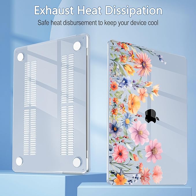 Mektron for 2025 MacBook Air 15 inch M4 Case A3241/ 2024 M3 A3114/ 2023 A2941 M2 Hard Printed Case with 15.3 Liquid Retina Display Touch ID, Plastic Hard Case & Keyboard Skin- Floral P165-Blue