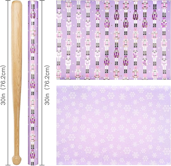 RUSPEPA 30" X 32.8' Reversible Christmas Wrapping Large Paper Roll, Jumbo Roll, Gold Foil Purple Nutcracker Soldier and Snowflakes Design Gift Wrap for Girls, Women, Family, Xmas Holiday Gifts