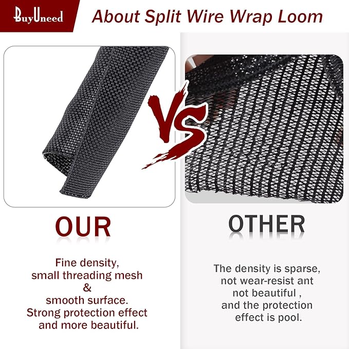 Black Braided Cable Management Sleeves Wire Loom Tubing Cord Protector Self-Wrapping (1/2"-20Feet)