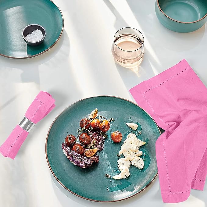 Palisa Cloth Dinner Napkins with Hemstitched Detailing & Mitered Corners Set of 4 (18x18 Inches) Pink - Cotton Reusable Dinner Napkins for Valentines Day Gift, Table Linen for Weddings & Everyday Use