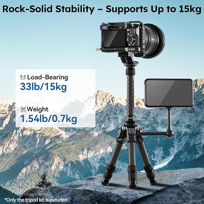 SIRUI Mini Carbon Fiber Tripod with Extendable Center Column, Max Height 26", Supports 33lbs - Ultra-Light 1.7lbs for Desk & Travel, New Anti-Corrosion Carbon Fiber(AM-223S+SL-100S)