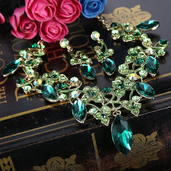 BriLove Women's Costume Fashion Crystal Floral Vine Leaf Statement Necklace Dangle Earrings Set
