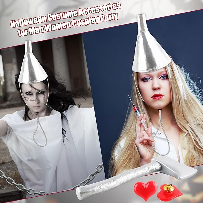 4 Pcs Silver Axe Funnel Hat Set with Heart Brooch Silvery Gloves Metallic Wizard Costume Accessories for Halloween Cosplay Party