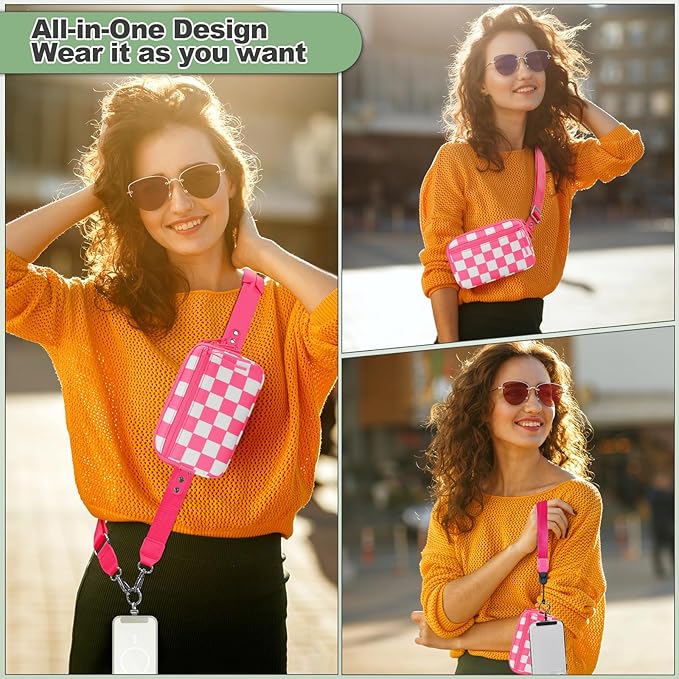 Clip and Go Strap for Phone with Wallet Crossbody, Adjustable Phone Lanyard with Detachable RFID Wristlet Wallet, Phone Strap with Phone Tabs for All Phones, Pink Checkered (M)