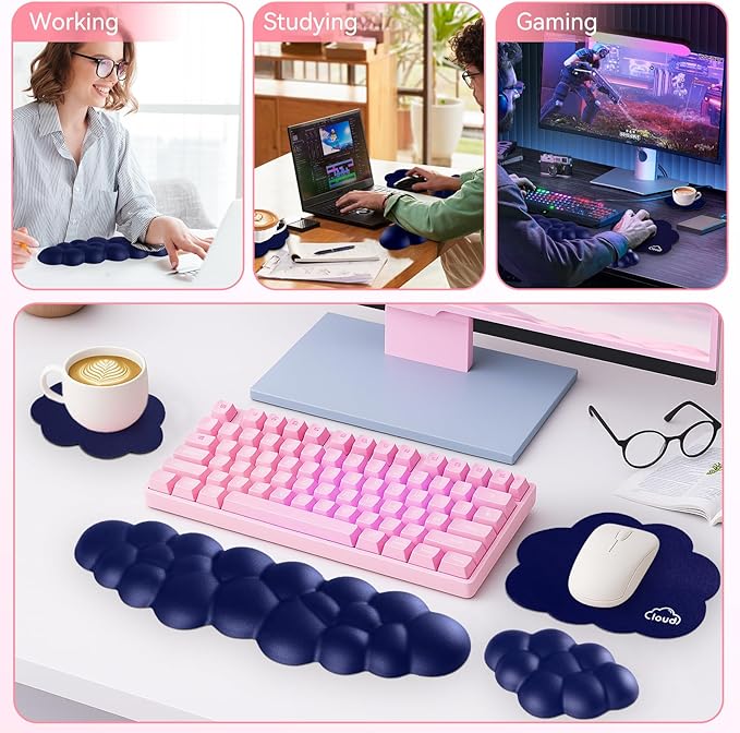 Cloud Wrist Rest for Computer Keyboard, 4-in-1 Memory Foam Leather Cloud Keyboard Wrist Rest and Mouse Pad Set with Ergonomic Support for Arm and Palm Cushion, Gaming/Work Setup, Dark Blue