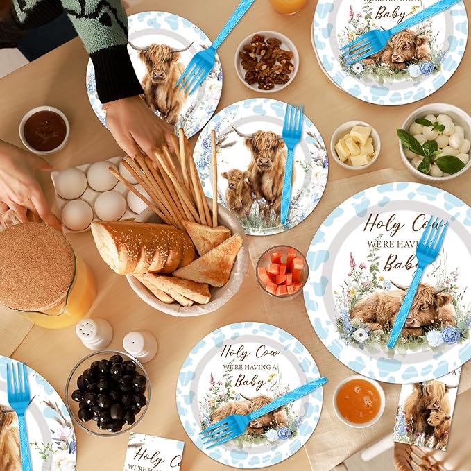 96Pcs Highland Cow Baby Shower Decorations Disposable Tableware Set - Holy Cow Highland Paper Plates Napkins Forks Blue Boho Highland Theme Baby Shower Birthday Party Supplies Serve 24 Guests