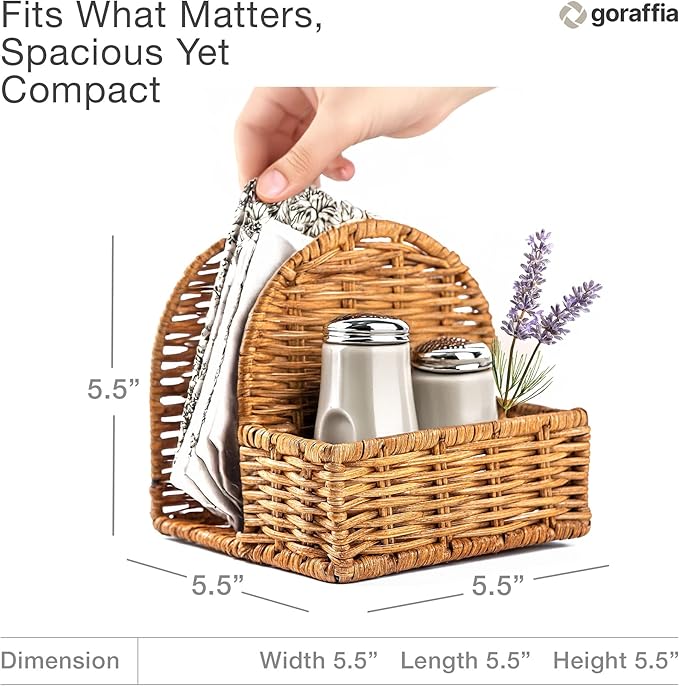 Rattan Napkin Holder with Salt & Pepper Organizer – 5.5"x5.5"x5.5" Cute Wicker Napkin Holder for Kitchen, or Dining Table, Handwoven Boho Organizer Tray (White Wash)
