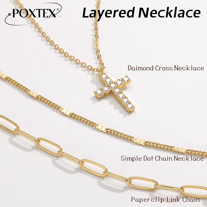 Layered Gold Necklaces for Women, Stackable Dainty 14K Gold Silver Plated Trendy Simple Heart Diamond Cross Bow Circle Pendant Paperclip Choker Dot Chain Necklace,Jewelry Set Gifts for Women