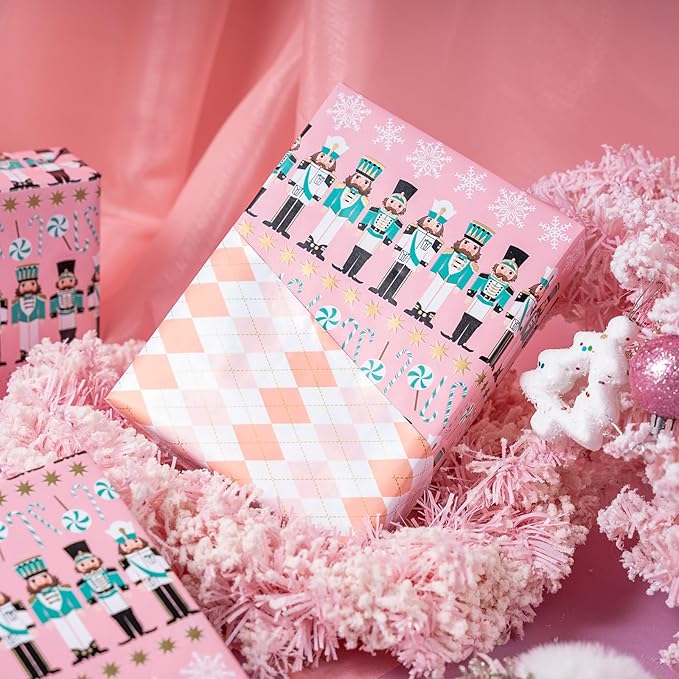 RUSPEPA Reversible Christmas Wrapping Paper Roll, Mini Roll, Pink Nutcracker Soldier and Diamond Pattern Gift Wrap for Kids, Girls, Family, Xmas Holiday Gifts, 17.5 Inches X 32.8 Feet