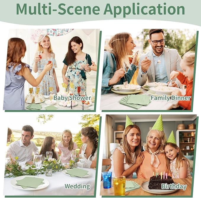 100 Pack Cocktail Napkins, 2-Ply 5x5 Inch Beverage Napkins, Square Edged Disposable Paper Napkins for Wedding, Birthday Party, Dinner, Coffee Bar (Sage Green)