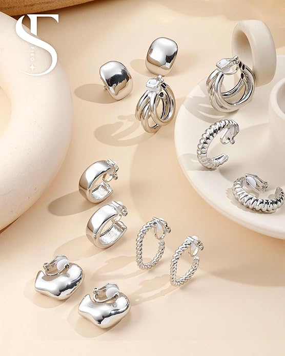 FIBO STEEL 10 Pairs Clip On Earrings for Women Non Pierced Ears CZ Pearl Knot Twist Chunky Hoop and Studs Earring Set Ear Clips Jewelry 14K Gold Plated