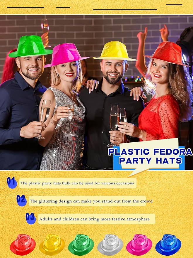 36 Pcs Party Gangster Hats Plastic Party Hats Bulk Fedora Party Hats for Kids Adults Cosplay Photo Booth Supplies
