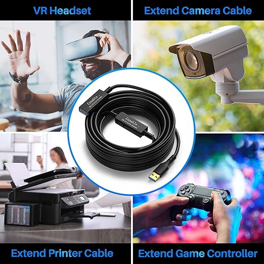 USB 3.0 Active Extension Cable 50 Feet, Long USB Type-A Male to Female Extender Cord, Built-in 2 Signal Booster Smart Chips, 5Gbps Transfer, Black USB Extension Cable with an AC Power Adapter (5V 2A)