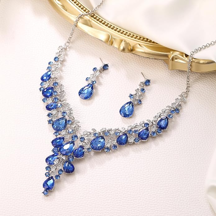 BriLove Women's Wedding Bridal Austrian Crystal Teardrop Flower Cluster Statement Necklace Dangle Earrings Jewelry Set for Party Prom
