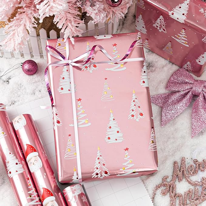 MAYPLUSS Pink Christmas Wrapping Paper - 17In x 120In Per Roll - Girly Festive Metallic Foil Trees, Cute Santa, Winter Sled Design Christmas Girls Pink Gift Wrap Paper for Winter Holiday, Birthday
