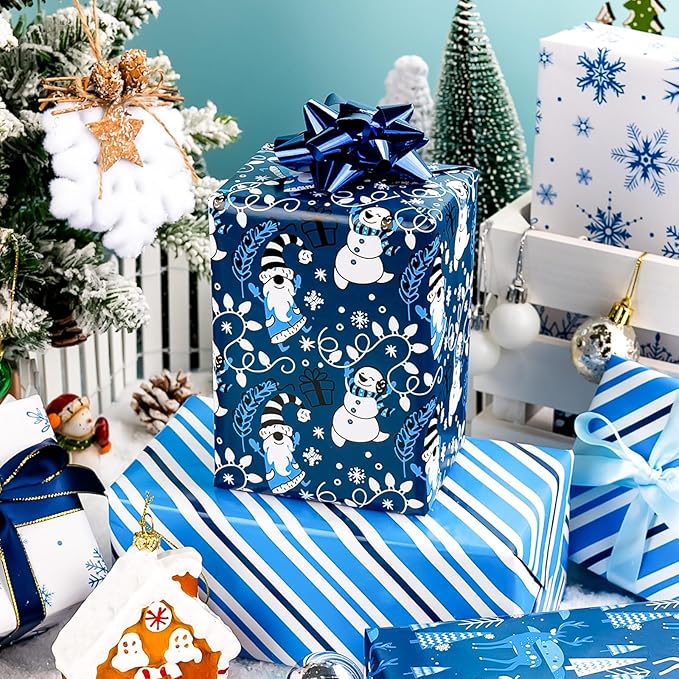 MAYPLUSS Christmas Wrapping Paper Jumbo Rolls - 30IN X 120IN - 4 Roll - Christmas Tree Reindeer Snowman Stripe for New Year Holiday Party Kids